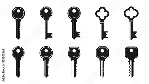 Collection of various key designs in black and white.