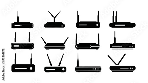 Collection of different wireless router vector illustrations on white background.