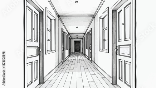Perspective hotel interior hallway corridor sketch