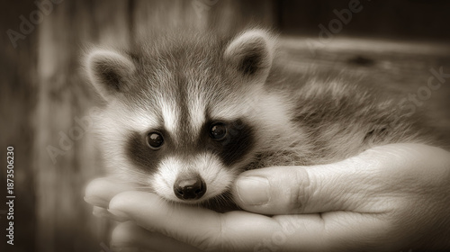 Young raccoon resting on human hand in sepia tone