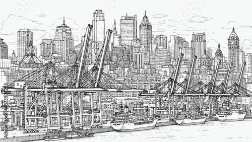 Busy industrial harbor port with cargo shipping cranes