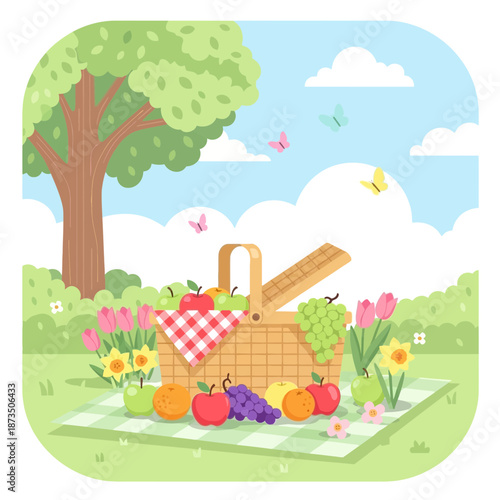 Spring picnic basket with fruits and flowers on checkered blanket under tree