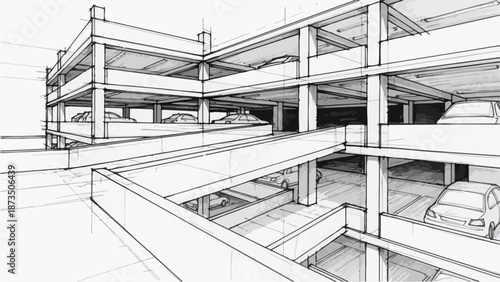 Multi level parking garage structure architectural sketch