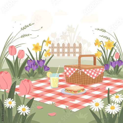 Spring Picnic Blanket with Basket, Sandwich, and Lemonade
