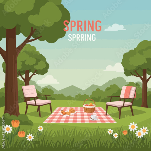 Spring picnic scene with chairs, blanket, basket, food, and flowers