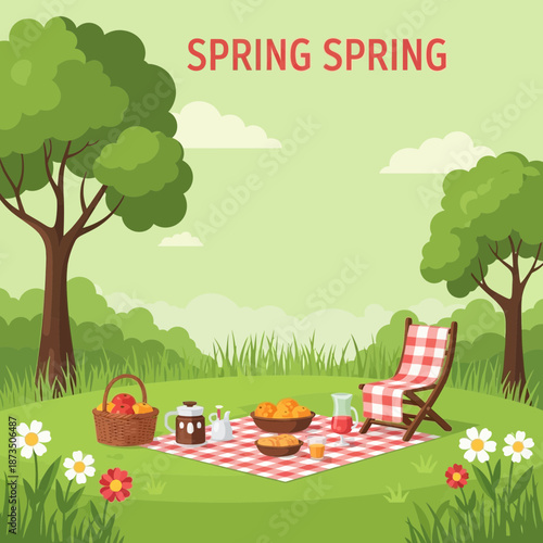 Spring picnic scene with checkered blanket, chair, and basket in park
