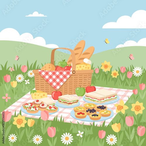 Summer picnic basket with sandwiches and fruits on checkered blanket in a meadow