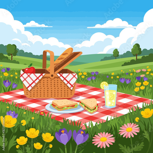 Summer picnic in a blooming meadow with sandwiches and lemonade