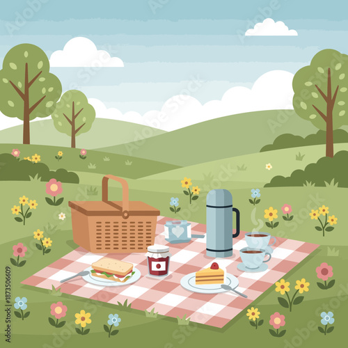 Summer picnic in a green meadow with food, drinks, and checkered blanket.