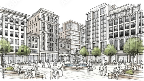 Vibrant urban park surrounded by city buildings sketch