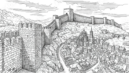 Ancient stone wall and hilltop fortress sketch