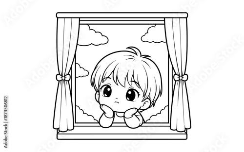 Sad anime child looking out the window with a thoughtful expression, black and white line art