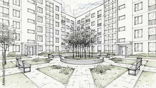 Modern residential courtyard with garden and benches sketch