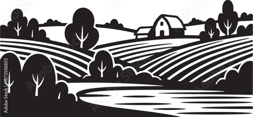 Black and white farm landscape with barn and fields