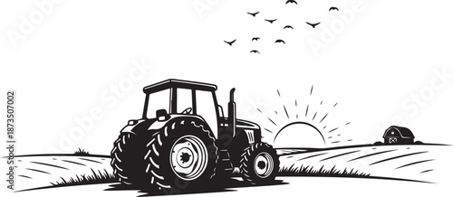 Tractor in a field at sunrise with birds flying