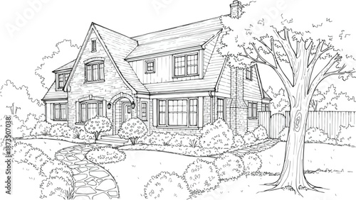 Classic suburban house with large tree and yard sketch