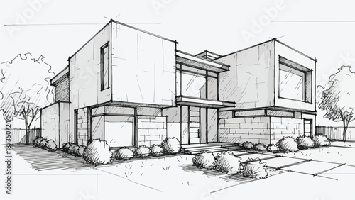 Modern luxury villa with flat roof architectural sketch