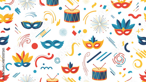 Festive carnival pattern featuring masks and drums across a white backdrop
