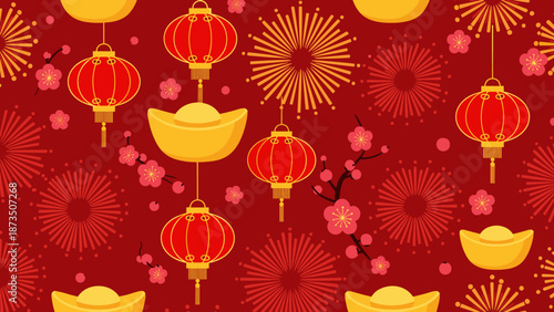 Vibrant ornate pattern of Lunar New Year elements on a rich red background