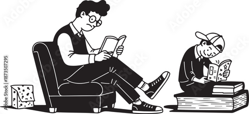 Two people reading books in a relaxed indoor setting