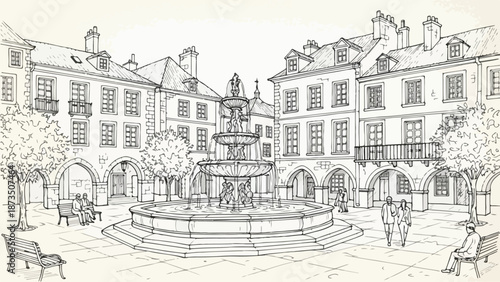European city square with fountain architectural sketch