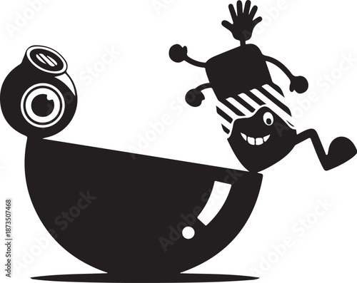 Funny cartoon character riding snail with big smile expression