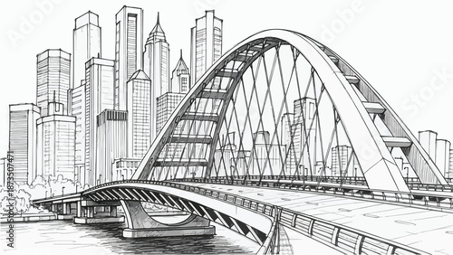 Modern bridge crossing river with city skyline