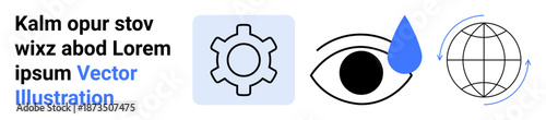 Gear symbolizing settings, an eye with a droplet for vision or emotions, globe with arrows for international connectivity. Ideal for tech, innovation, environment, business, globalization, eye care