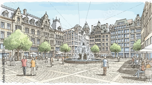Bustling european market square architectural sketch