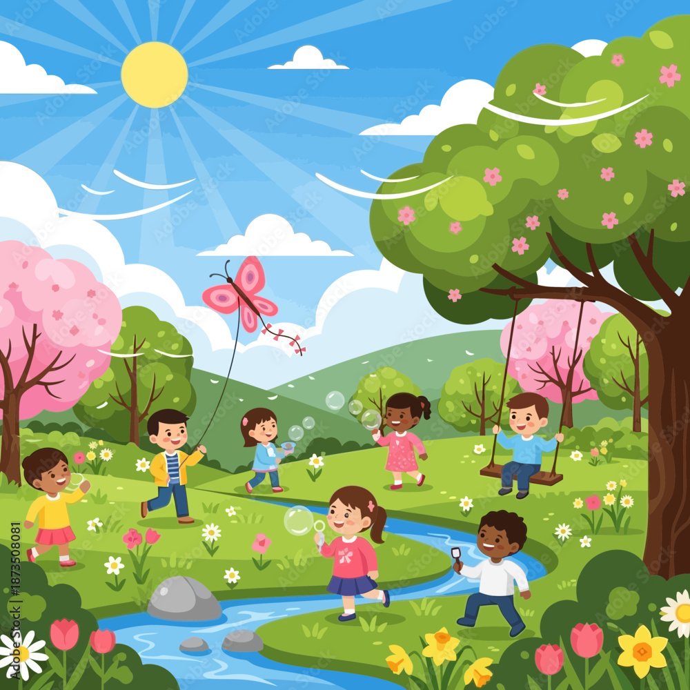 Obraz premium Children playing in a sunny spring meadow with a butterfly kite