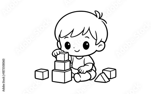 Cute cartoon baby boy stacking blocks, learning and playing with toys