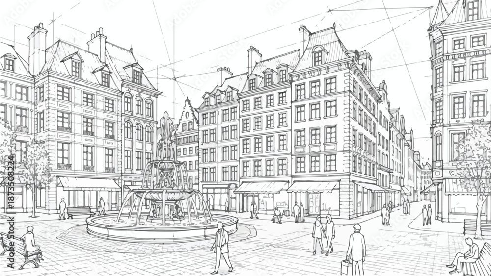 Obraz premium Classic european city square with fountain and buildings