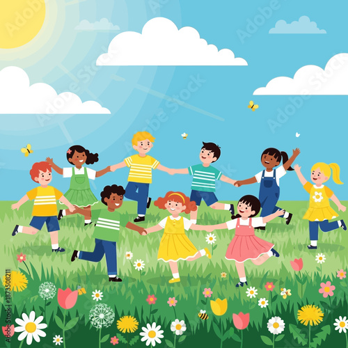 Diverse children dancing in sunny meadow with flowers