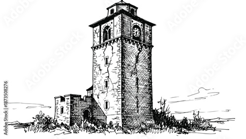 Medieval stone tower fortress with ancient walls
