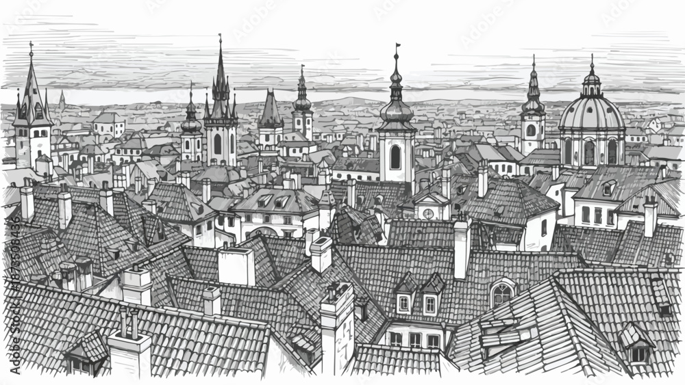 Fototapeta premium Aerial view of historic city rooftops and church spires