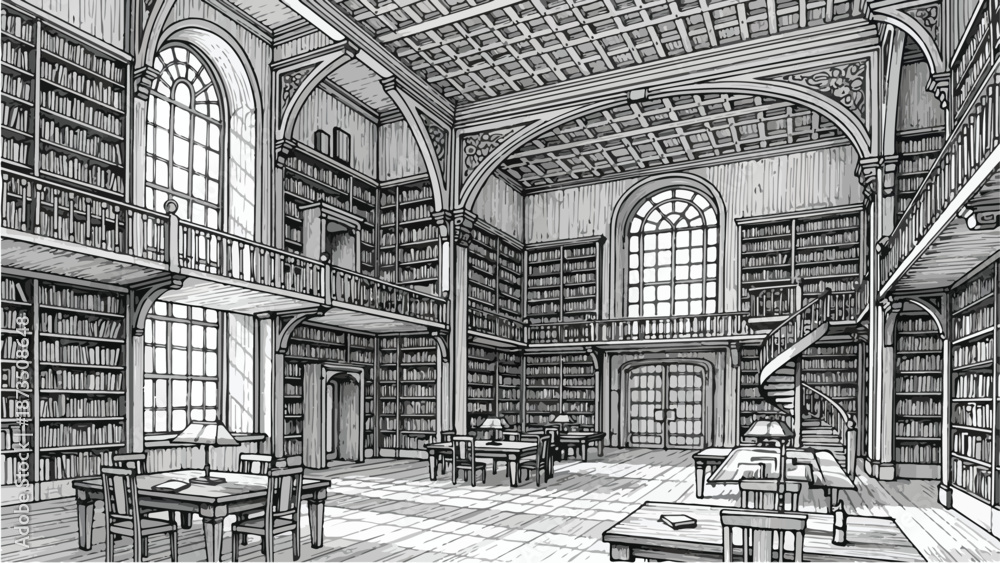 Obraz premium Classic grand library interior with wooden bookshelves
