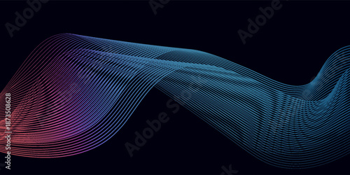 Dark abstract background with glowing wave. Shiny moving lines design element. Elegant dynamic wavy lines. Modern futuristic technology concept. Vector