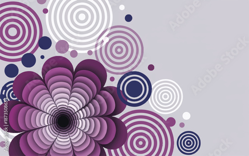 A digital illustration of a floral design with concentric circles and dots in shades of purple and white on a light gray background viewed from directly above