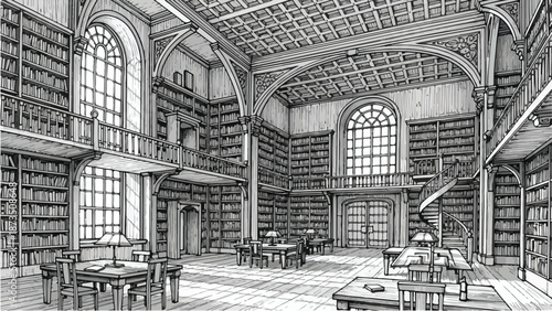 Classic grand library interior with wooden bookshelves