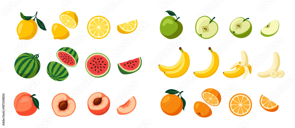Fototapeta premium Fruit icon set. Sticker with whole and sliced banana, orange, lemon, apple, watermelon and peach. Organic food for smoothies and juices. Cartoon vector illustration collection isolated on background