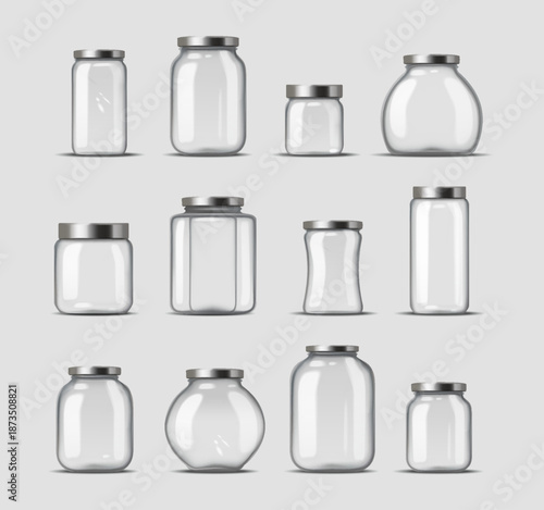 3D glass jars. Glass containers with metal lids for food preservation, canning and storage. Empty clear bottles and pots of different shapes. Realistic vector illustrations isolated on background