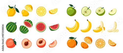 Fruit icon set. Sticker with whole and sliced banana, orange, lemon, apple, watermelon and peach. Organic food for smoothies and juices. Cartoon vector illustration collection isolated on background