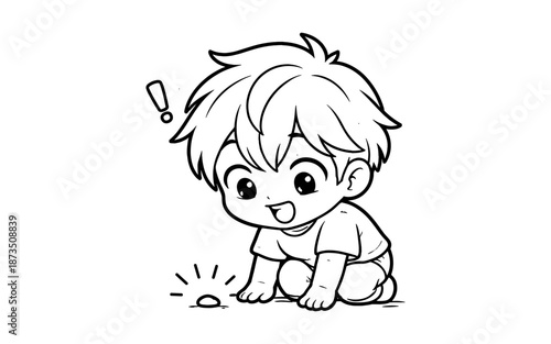 Cute anime boy discovering a small shiny object on the ground