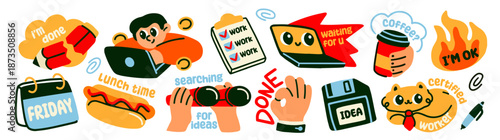 Set of office life stickers. Doodle patches with workflows and funny phrases. Business planning, deadline, coffee break, and brainstorming. Hand drawn vector illustrations isolated on background