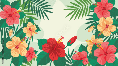 A flat vector illustration depicts a vibrant floral arrangement with hibiscus flowers and palm leaves in a circular pattern on a light green background