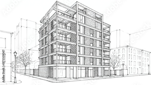 Modern multi story apartment building corner view