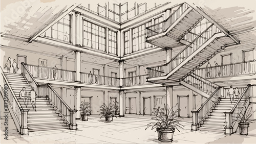 Modern interior atrium with grand staircases sketch