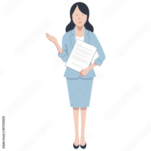 白い背景に青いビジネススーツ(スカート)を着た黒い髪の女性が笑顔で書類を持ち、案内ポーズをとる全身の正面ベクターイラスト. A vector illustration of a full-body front view of a black-haired woman wearing a blue business suit "skirt"  smiling, holding documents, 