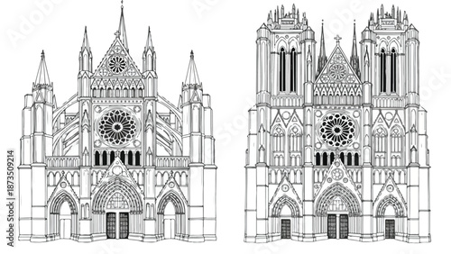 Detailed symmetrical facade of a gothic cathedral sketch