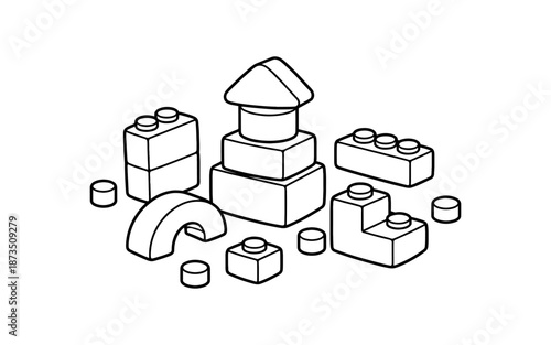 Building blocks toy set in a line drawing style for creative construction projects
